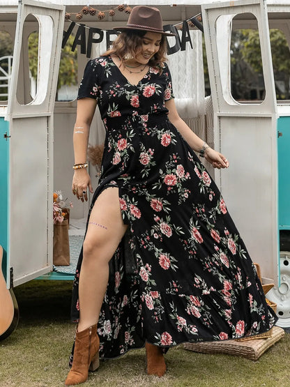 Button Detail Printed V-Neck Short Sleeve Maxi Dress