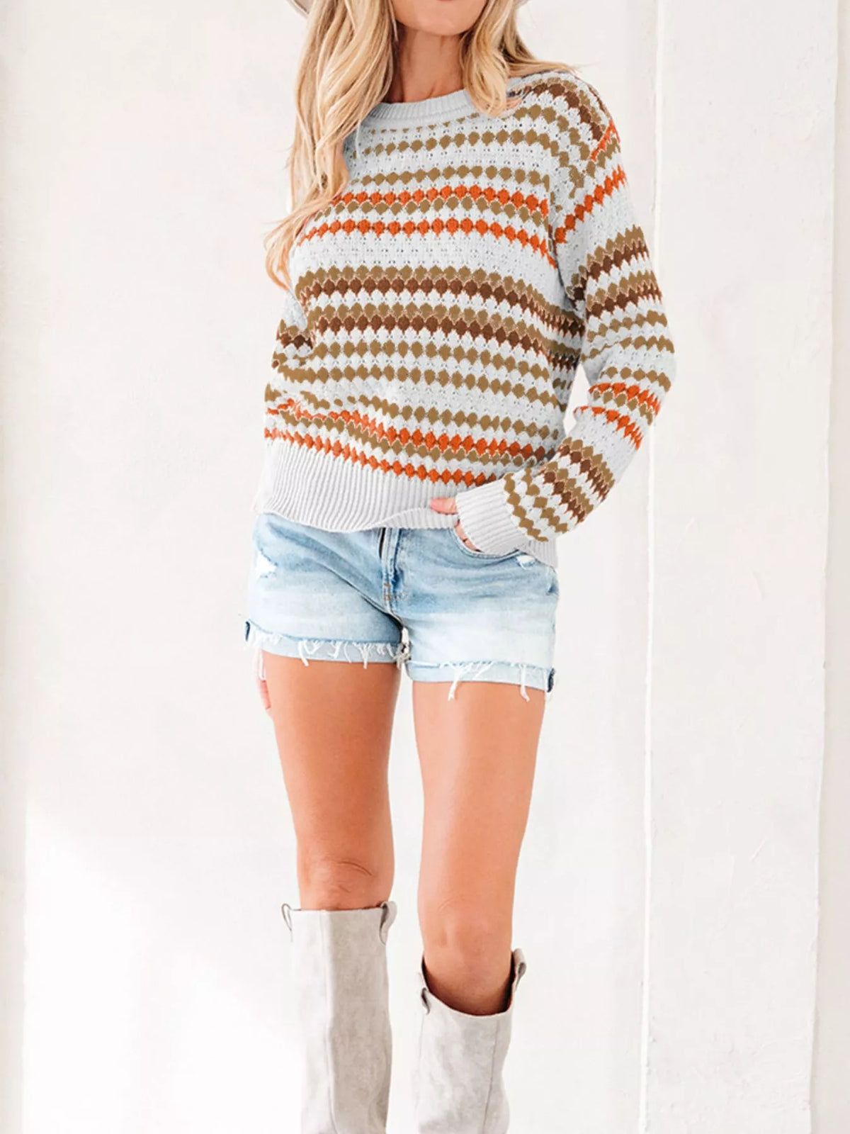 Stripe Eyelet Patterned Drop Shoulder Sweater