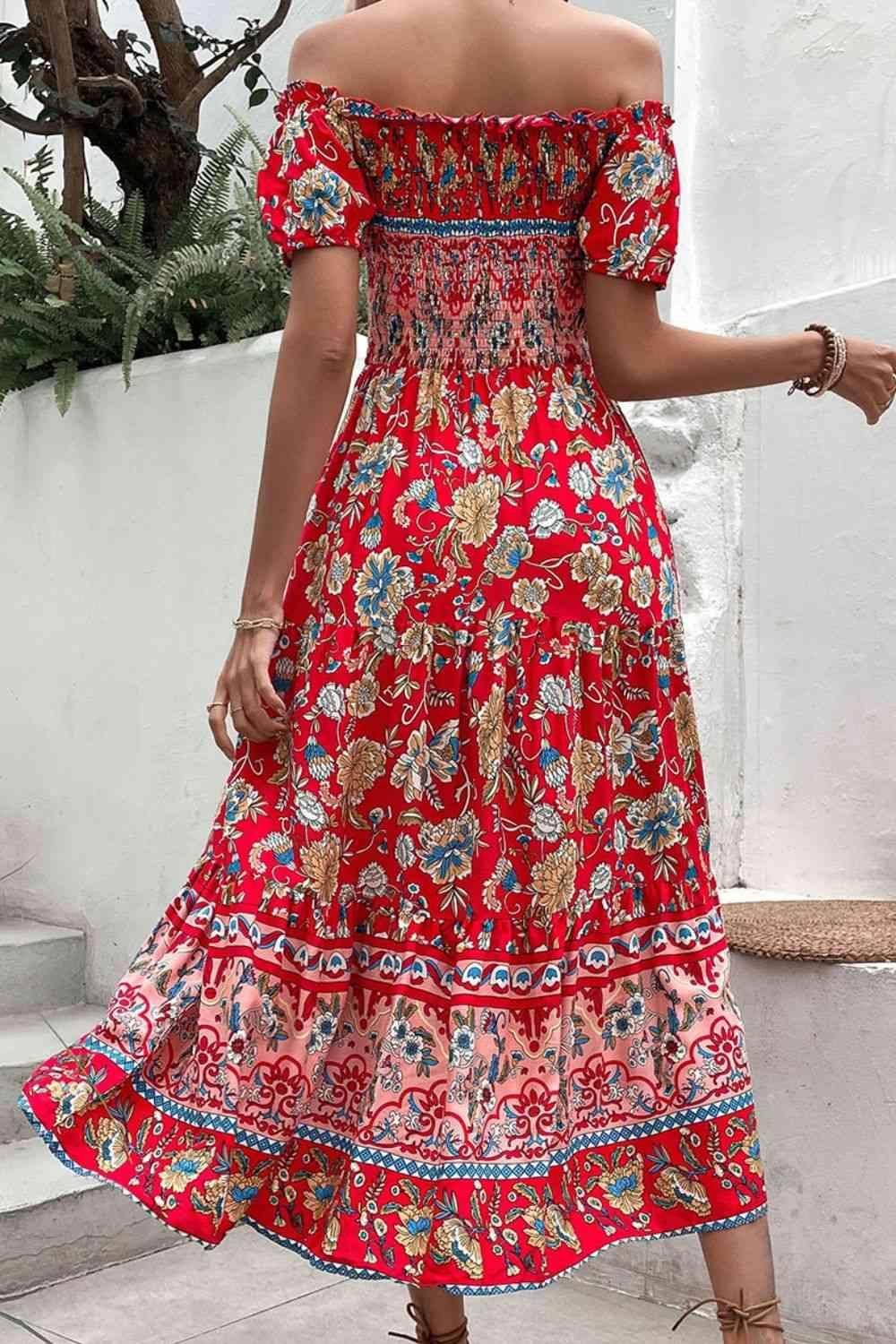 Perfee Floral Off-Shoulder Smocked Midi Dress for Women