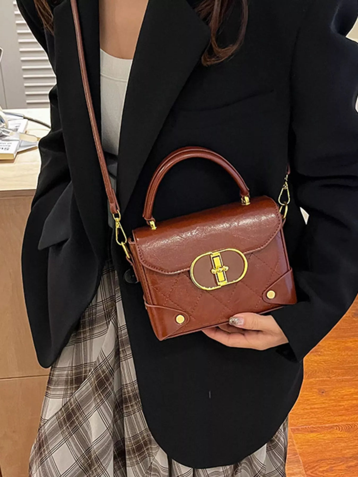 Quilted Pattern Top Handle Crossbody Bag