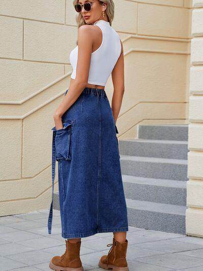 Slit Pocketed High Waist Denim Skirt for Women