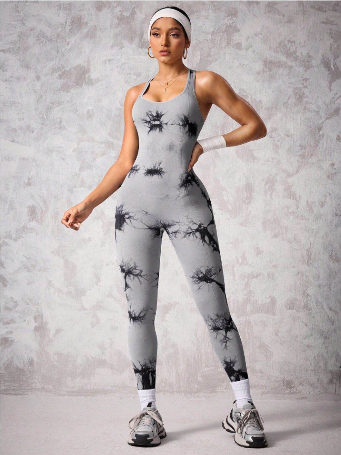 Back Crisscross Tie-Dye Scoop Neck Active Jumpsuit