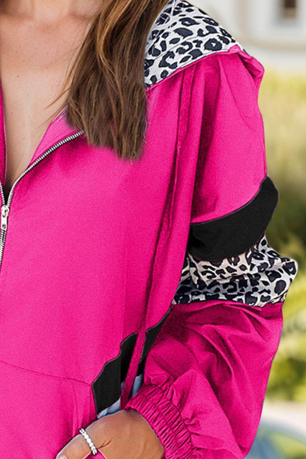 Leopard Zip Up Long Sleeve Hooded Jacket for Women