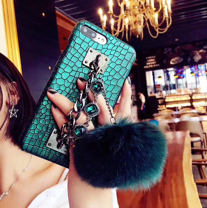 Mobile Phone Case with Fox Fur Ball Studded Anti-Fall Protection