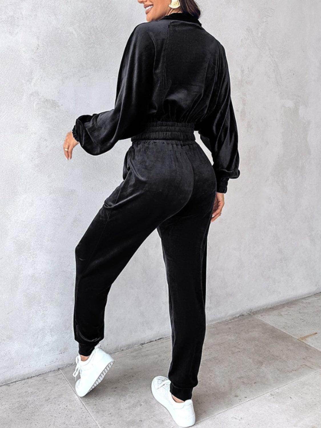 Zip Up Long Sleeve Cropped Top and Joggers Set for Women