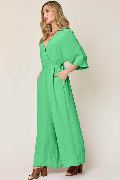 Double Take Full Size Surplice Wide Leg Jumpsuit with Pockets