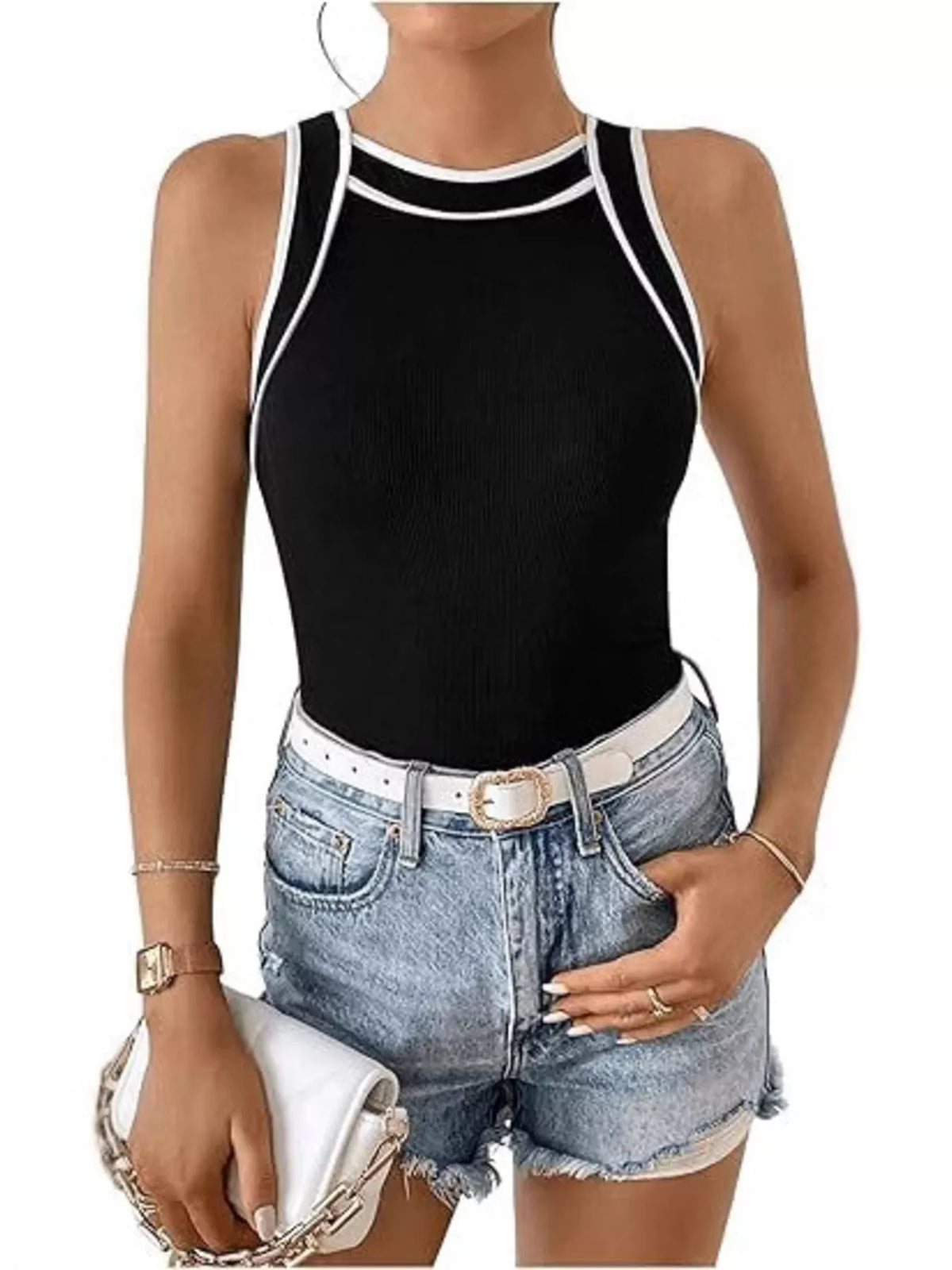 Ribbed Knit Contrast Trim Tank Top