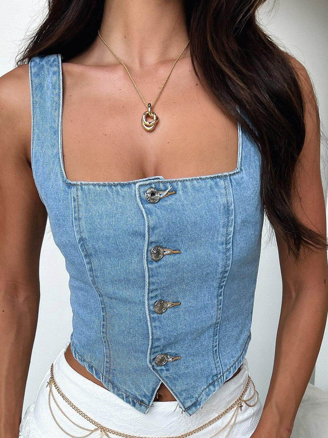 Smocked Square Neck Denim Top for Casual Stylish Wear