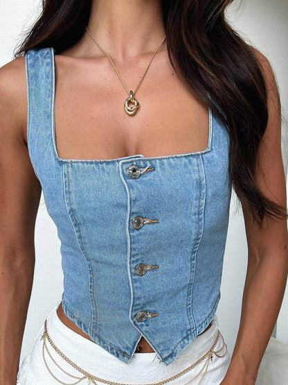 Smocked Square Neck Denim Top for Casual Stylish Wear
