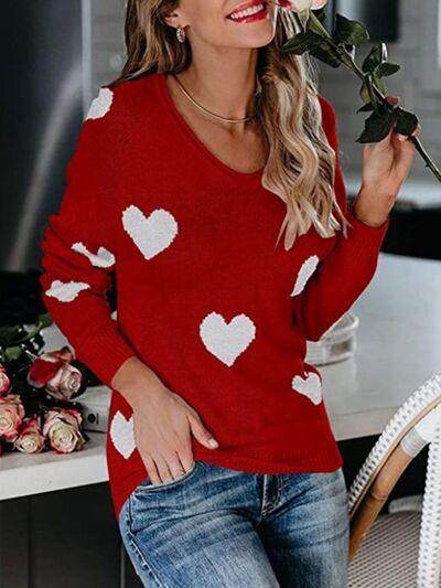 Heart Scoop Neck Long Sleeve Sweater for Women Cozy Style