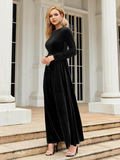 Tie Front Round Neck Long Sleeve Maxi Dress for Women