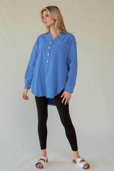 Davi &amp; Dani Letter Back Raw Hem Half Button Shirt Chic