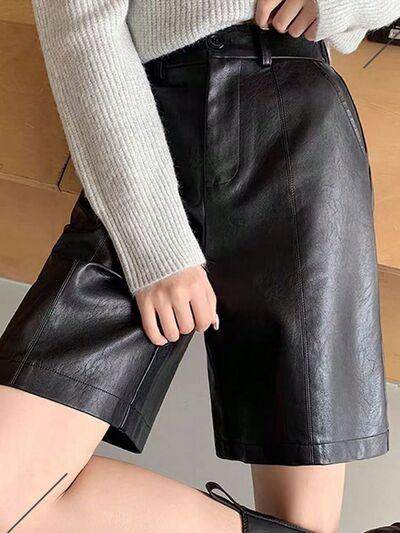 PU Leather High Rise Shorts for Women with Pockets