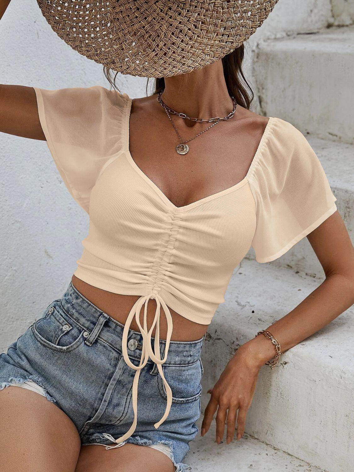 Drawstring Short Sleeve Crop Top for Stylish Summer Wear