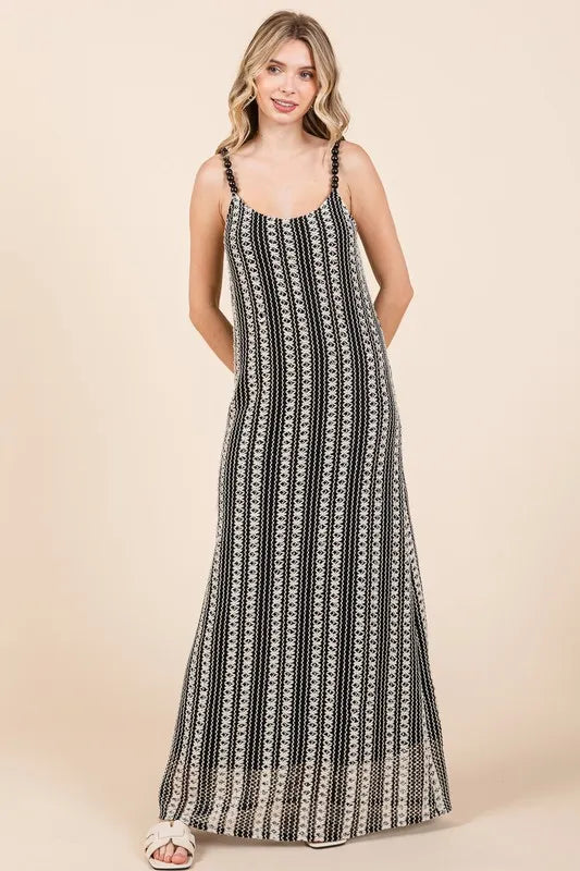 GeeGee Plus Size Striped Scoop Neck Beaded Strap Maxi Cami Dress