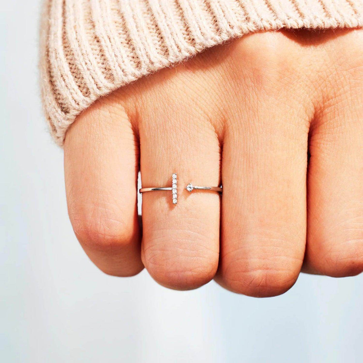 T Shape Inlaid Zircon 925 Sterling Silver Open Ring Design