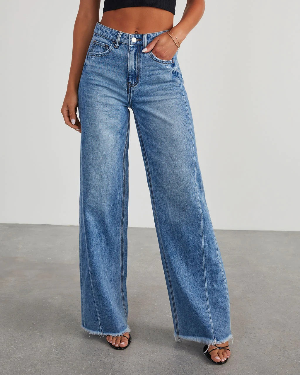 Europe And The United States Cross-border New Amazon Loose Wide Leg Side Stitching Framed Hem Jeans Women&