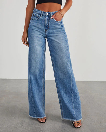 Europe And The United States Cross-border New Amazon Loose Wide Leg Side Stitching Framed Hem Jeans Women&