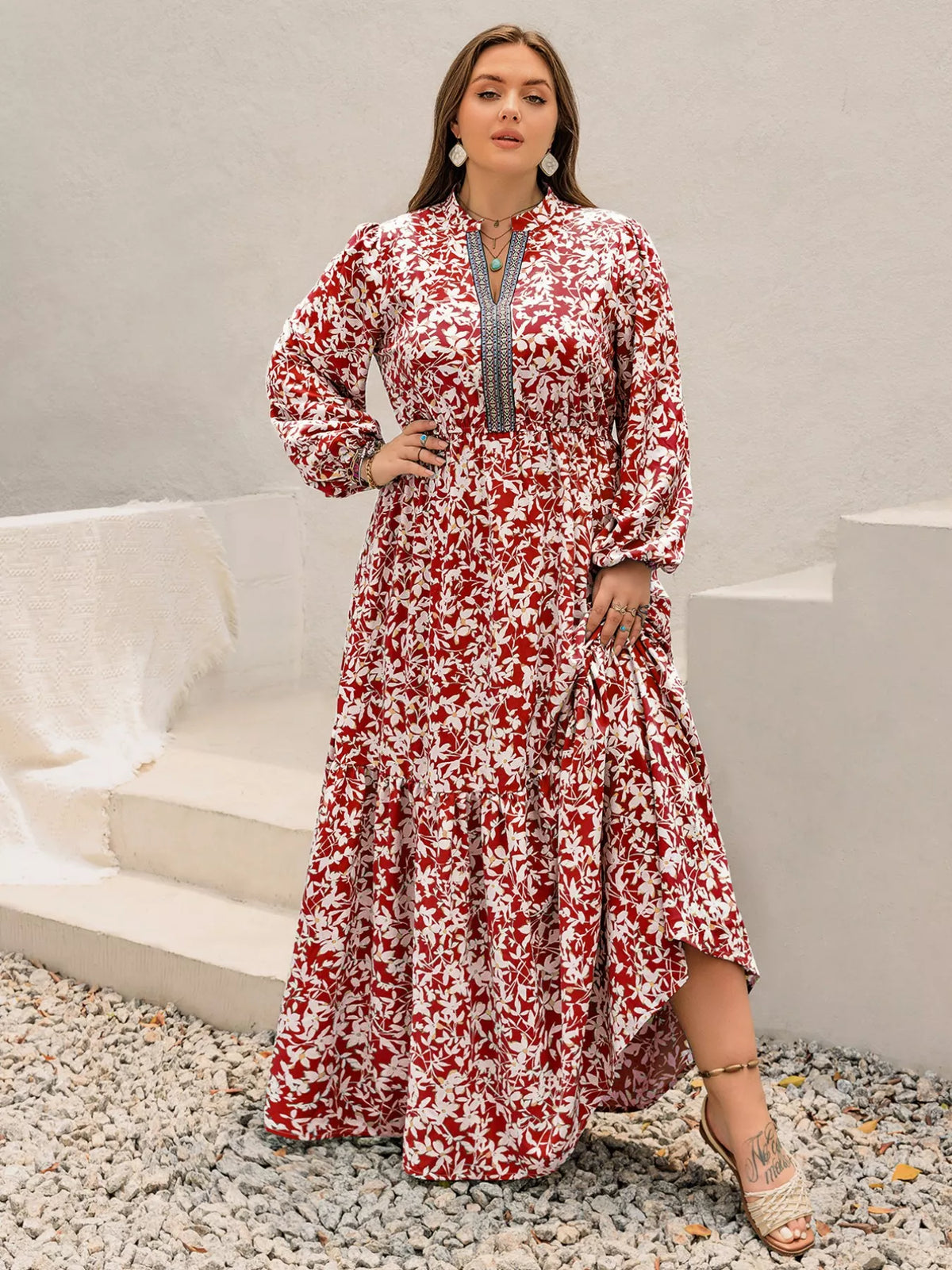 Plus Size Floral Print Long Sleeve Maxi Dress