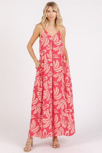 New Summer Printed V-Neck Maxi Cami Dress with Pockets – Chic and Functional Flattering Dress with Ruched Details