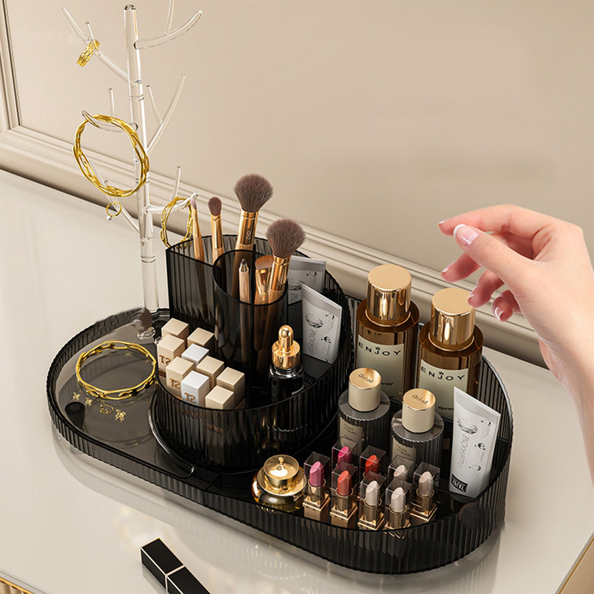 Rotating Makeup Organizer With Jewelry Storage  Large Capacity Cosmetic Display Case Holds 20 Brushes, 10 Lipsticks, 8 Skincare Products 360 Spinning Vanity Organizer For Countertop &amp; Bathroom