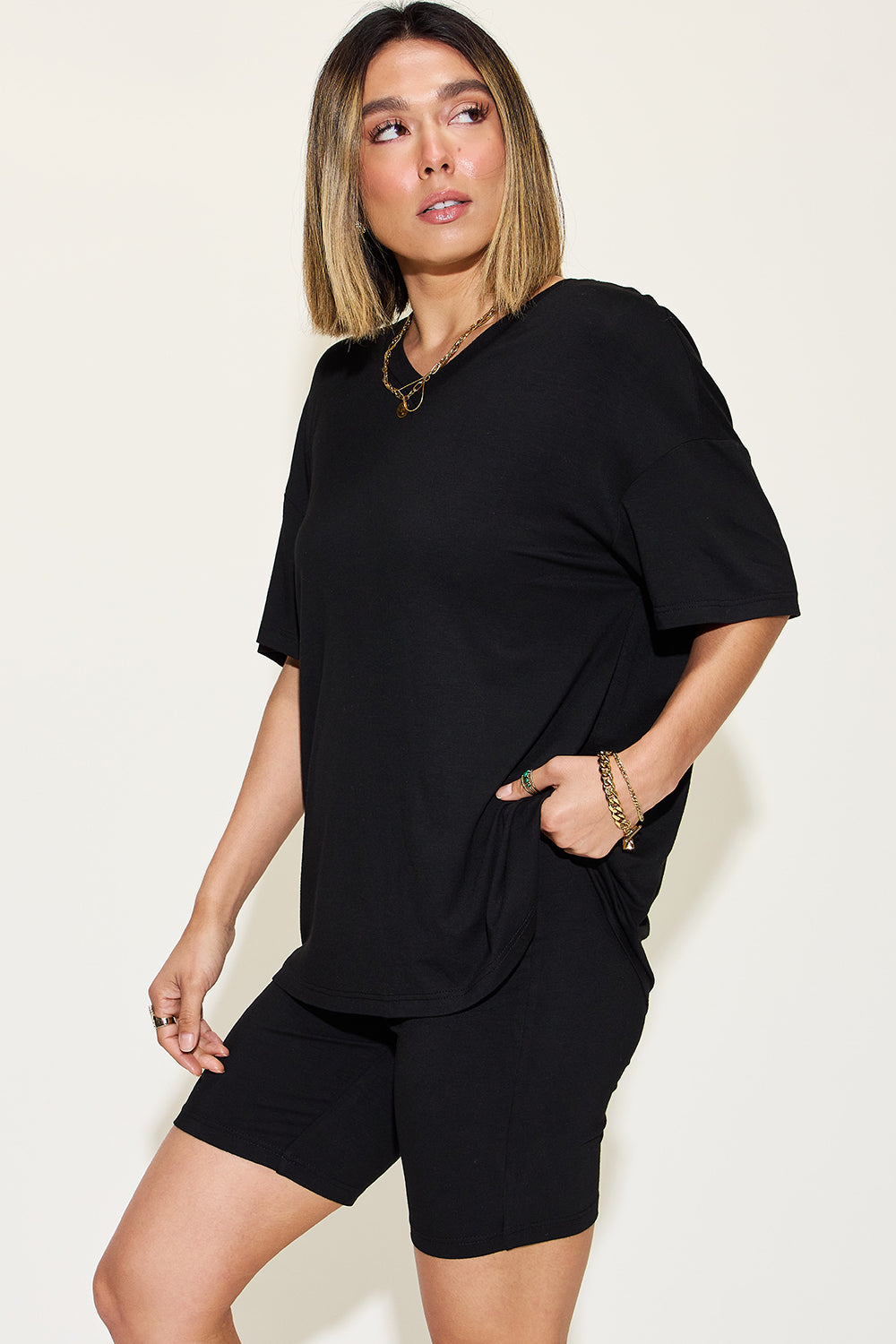Relaxed Fit Rayon V-Neck Tee &amp; Shorts Set