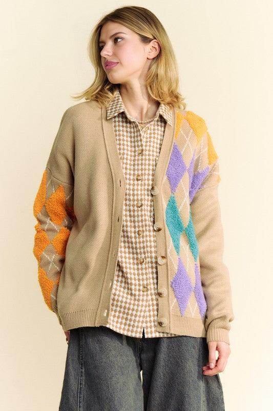 Davi &amp; Dani Argyle V-Neck Dropped Shoulder Cardigan Style