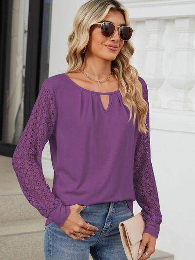 Cutout Round Neck Long Sleeve T-Shirt with Lace Detail