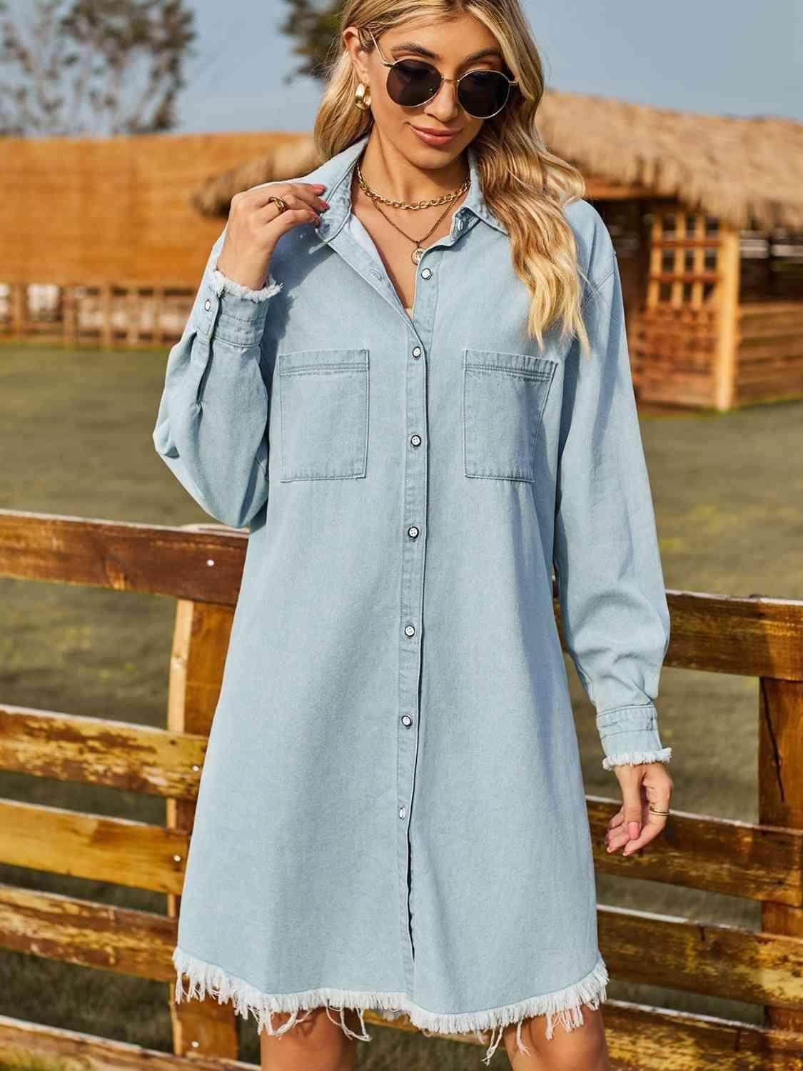 Button Up Collared Neck Raw Hem Denim Dress for Women