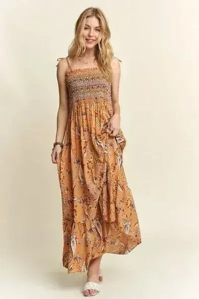 Square Neck Tie Shoulder Dress - Smocked &amp; Floral | Femstylo