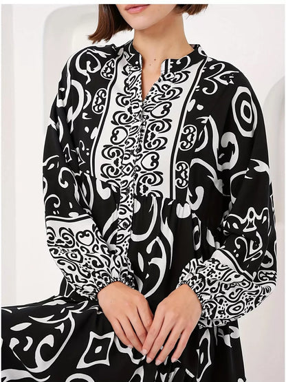Printed Notched Balloon Sleeve Maxi Dress