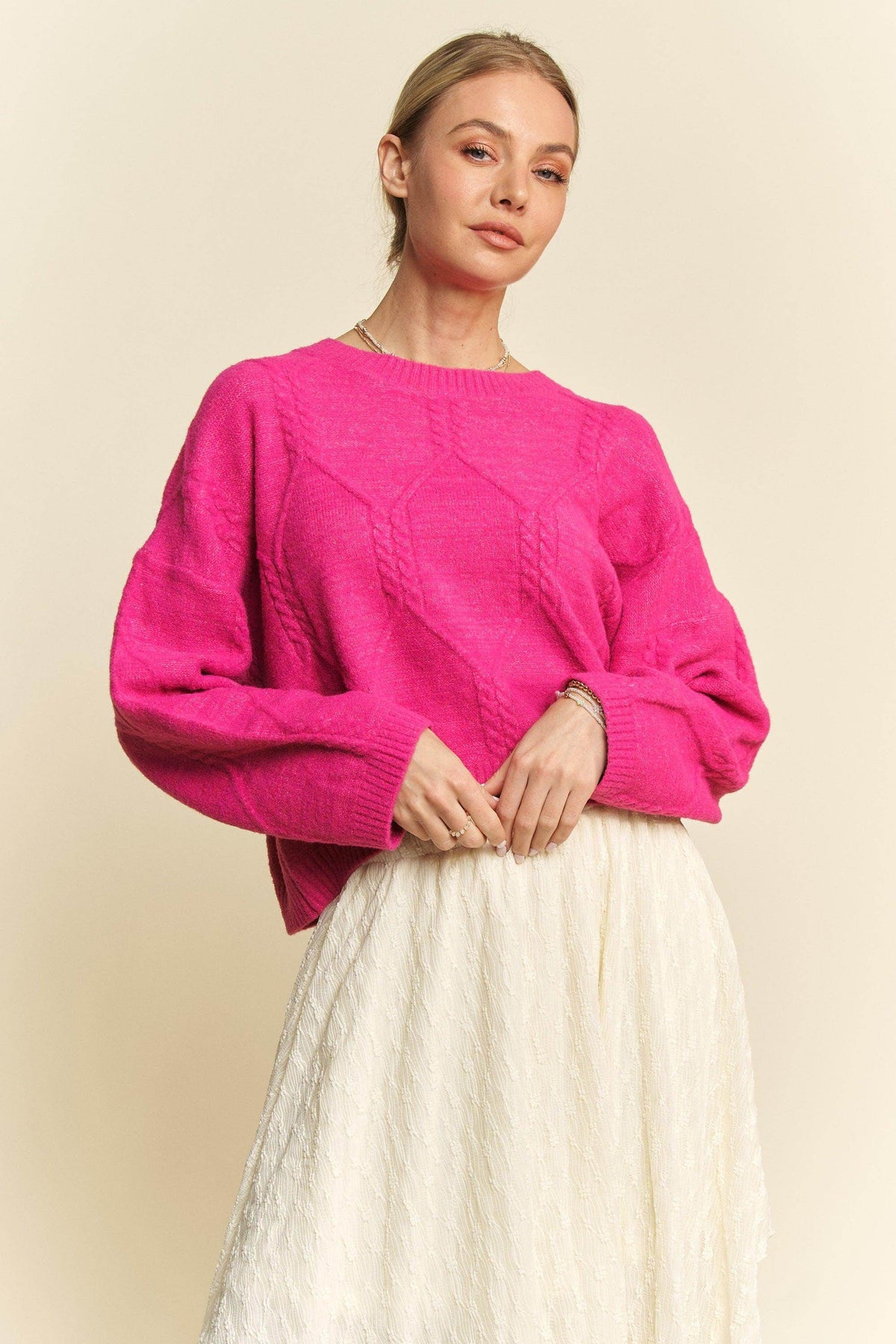 Davi &amp; Dani Diamond Cable Pattern Drop Shoulder Sweater