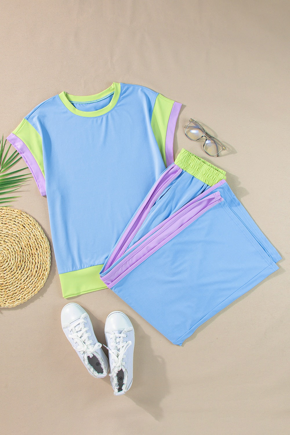 Polyester Two-Piece Set with Contrast Top &amp; Pants