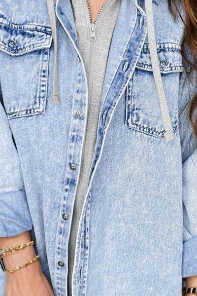 Distressed Button Up Long Sleeve Denim Jacket for Women