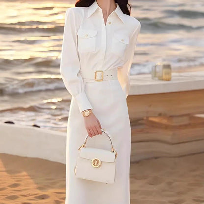 Spring French-style White Shirt Dress For Women