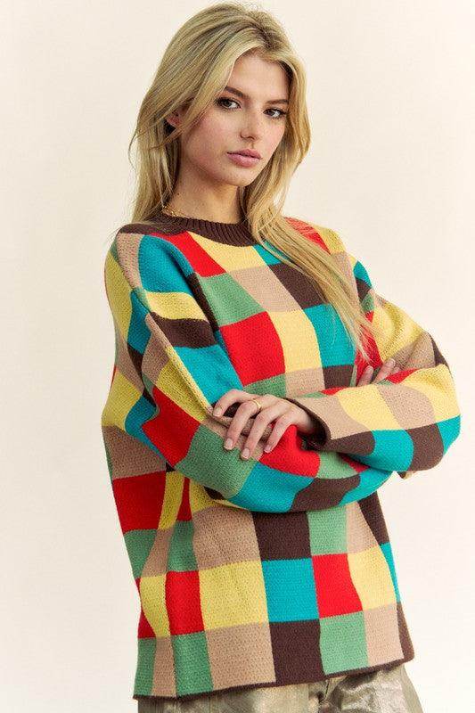 Davi &amp; Dani Color Block Checkered Dropped Shoulder Sweater