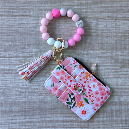 Womens Silicone Bead Bracelet Keychain Cardholder