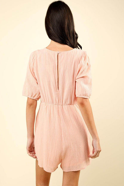 Very J Lace Detail Puff Sleeve Romper with Pockets
