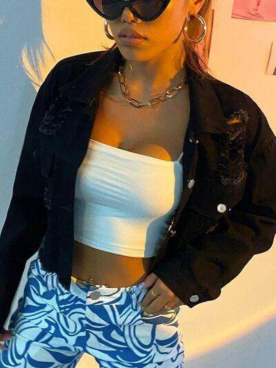 Distressed Collared Neck Long Sleeve Denim Top for Women