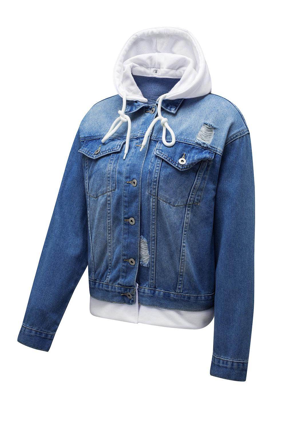 Distressed Hooded Denim Jacket for Trendy Casual Style