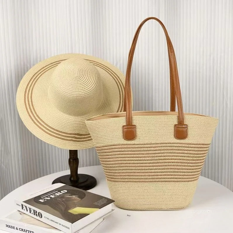 Straw Hat &amp; Tote Set – Beach Vacation Sun Protection Duo, Large Capacity Travel Tote