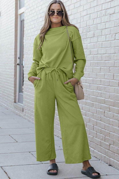 Double Take Full Size Textured Long Sleeve Top and Drawstring Pants Set for Women