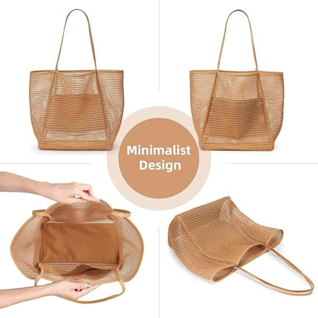 Large Capacity Ladies Beach Bag - Hollow Mesh Tote for Outdoor Travel &amp; Storage