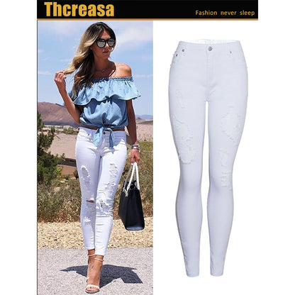Womens Trendy Slim-fit Solid-color White Ripped Skinny Pants
