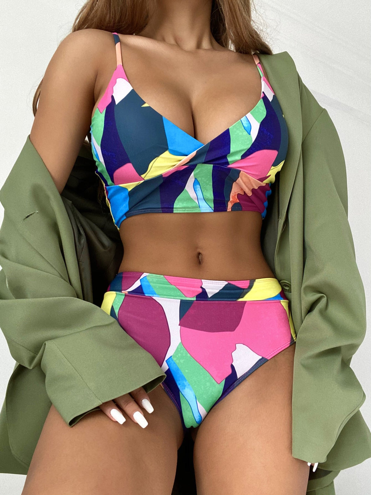 Geometric Colorful Bikini Sets Solid Color Ruffled Swimwear Bathing Suits 2 Piece Split Push Up Bandage Beachwear Women&