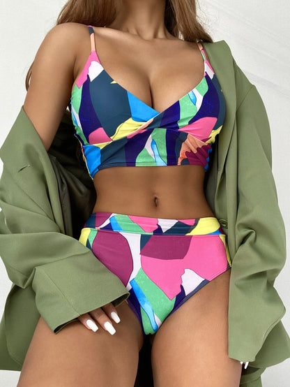 Geometric Colorful Bikini Sets Solid Color Ruffled Swimwear Bathing Suits 2 Piece Split Push Up Bandage Beachwear Women&
