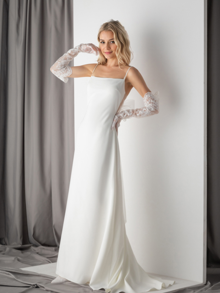 Minimalist Satin Wedding Dress with Delicate Bow Back &amp; Sheer Gloves