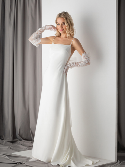 Minimalist Satin Wedding Dress with Delicate Bow Back &amp; Sheer Gloves