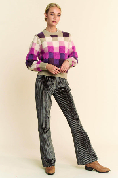 Davi &amp; Dani Checkered Round Neck Long Sleeve Sweater Chic