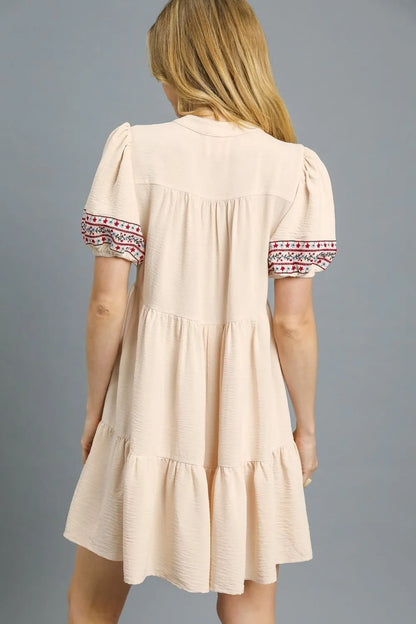 Umgee Floral Trim Puff Sleeve Mini Dress